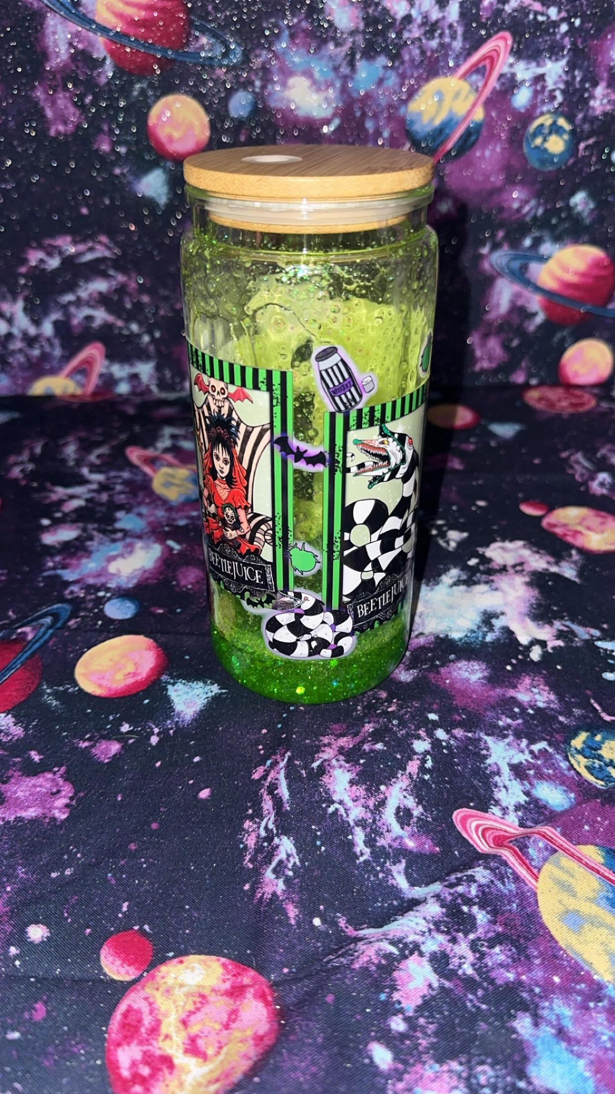 Beetlejuice | Tim Burton Inspired Snowglobe Tumbler | Slime Green Glitter | Handmade Halloween Cup