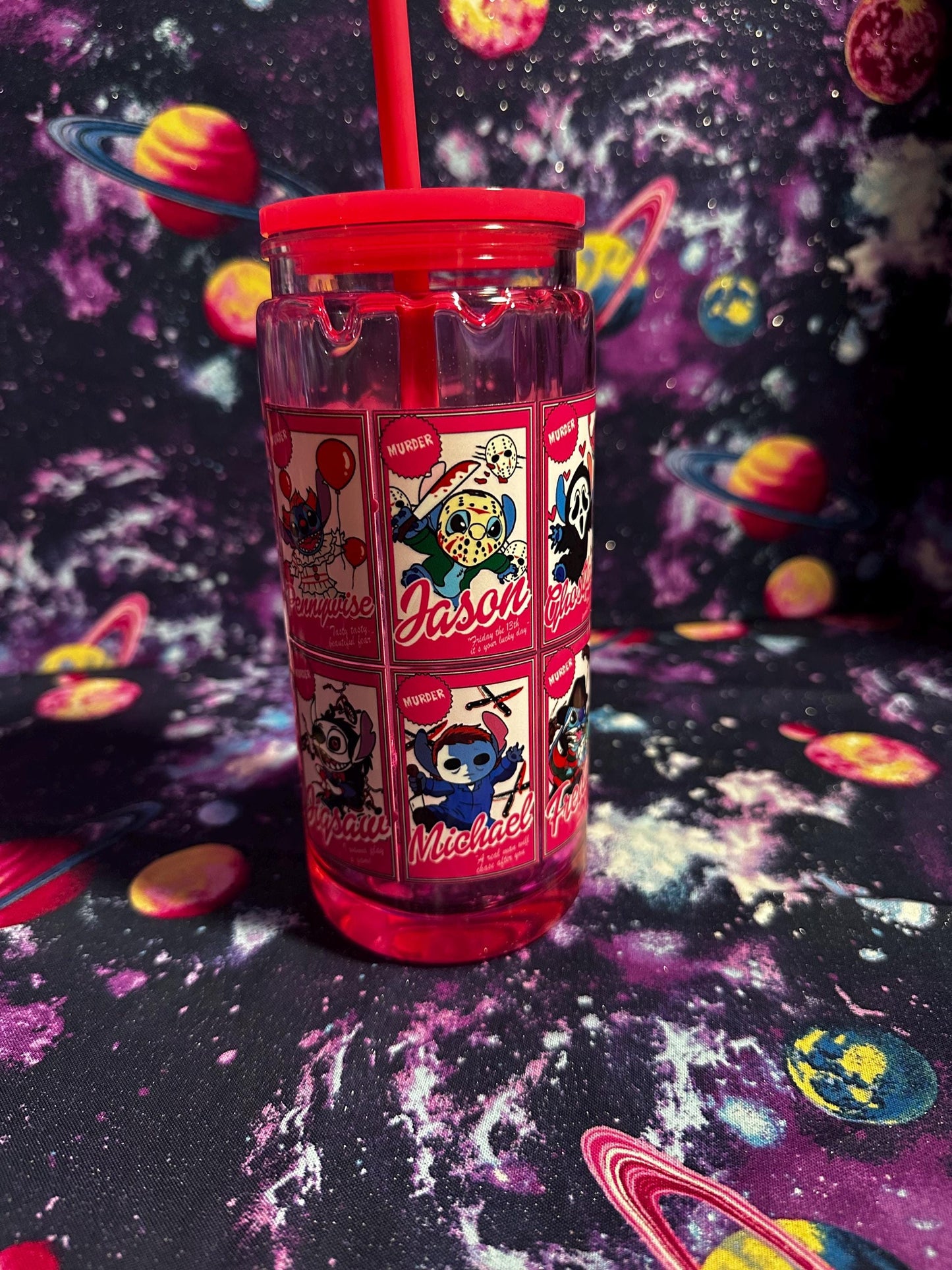 Horror Stitch Cup | Killer Cute Snowglobe Tumbler | Jason Freddy Ghostface Inspired Cup | Horror Gift | Dye & Design