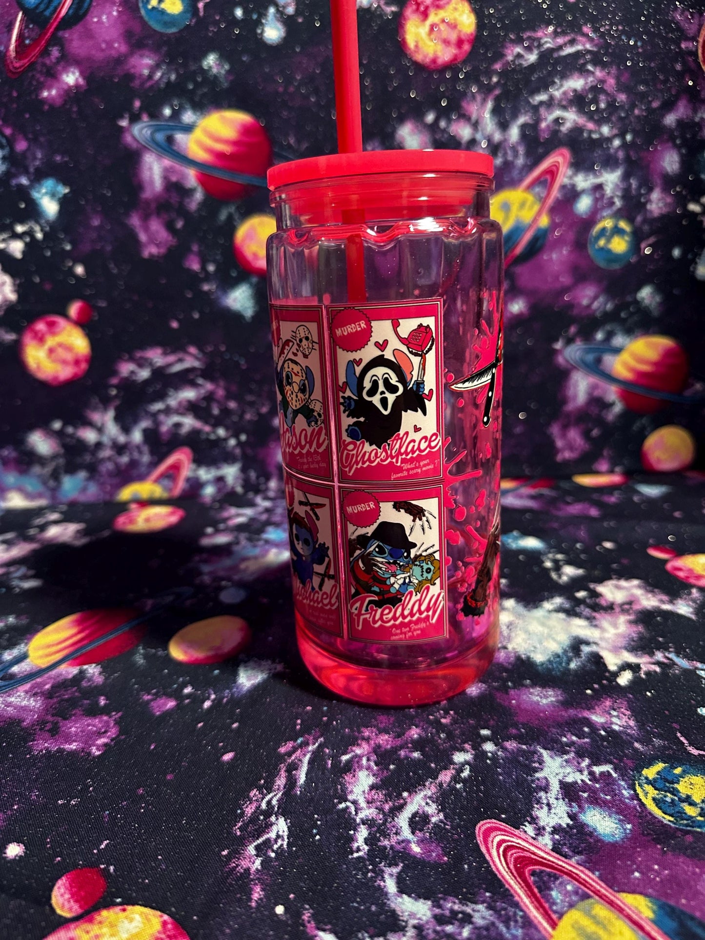 Horror Stitch Cup | Killer Cute Snowglobe Tumbler | Jason Freddy Ghostface Inspired Cup | Horror Gift | Dye & Design