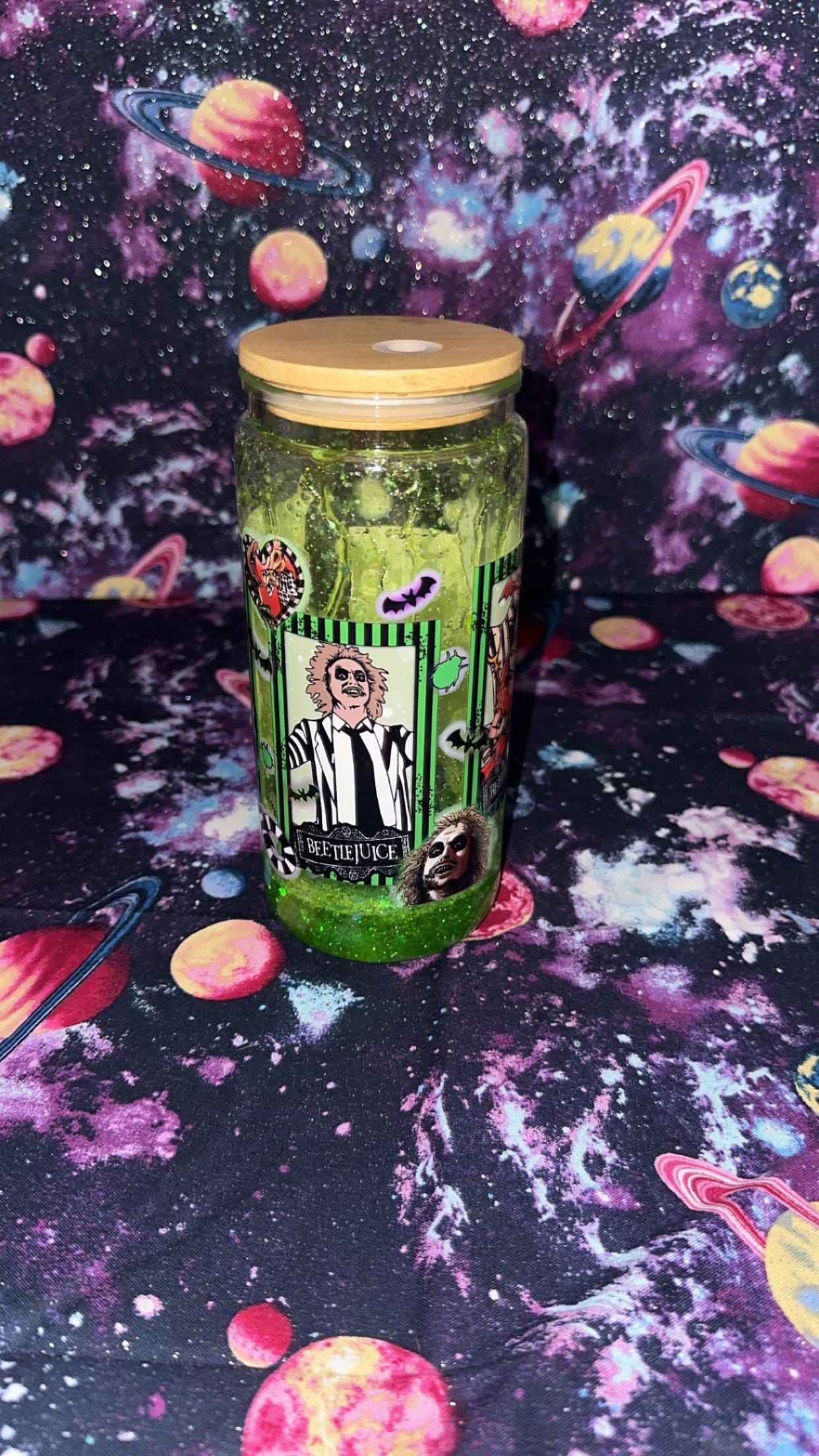 Beetlejuice | Tim Burton Inspired Snowglobe Tumbler | Slime Green Glitter | Handmade Halloween Cup