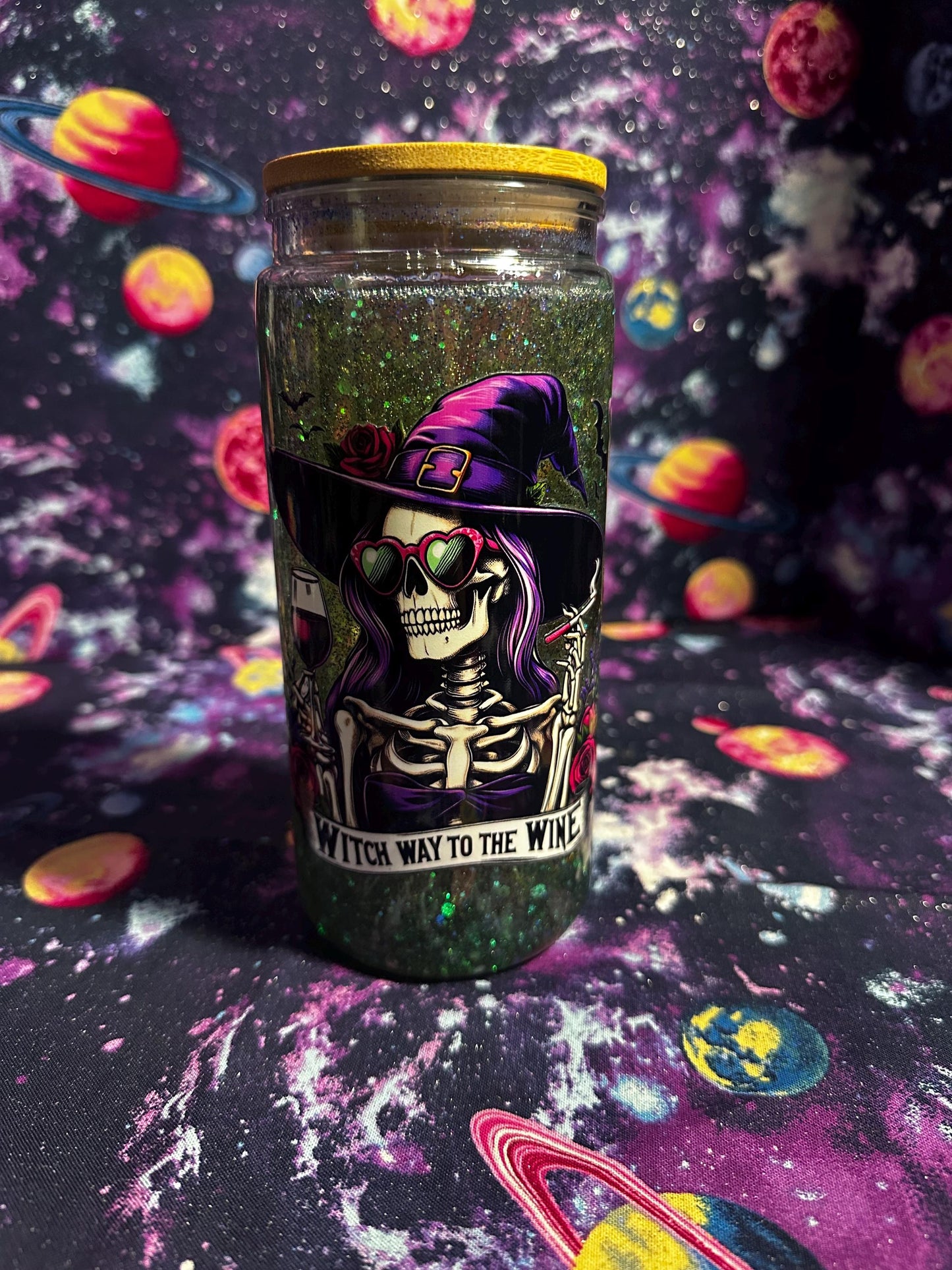 Witch Way to the Wine Tumbler | Witchy Snowglobe Cup | Halloween Gift | Spooky Cute Glitter Cup | Dye & Design