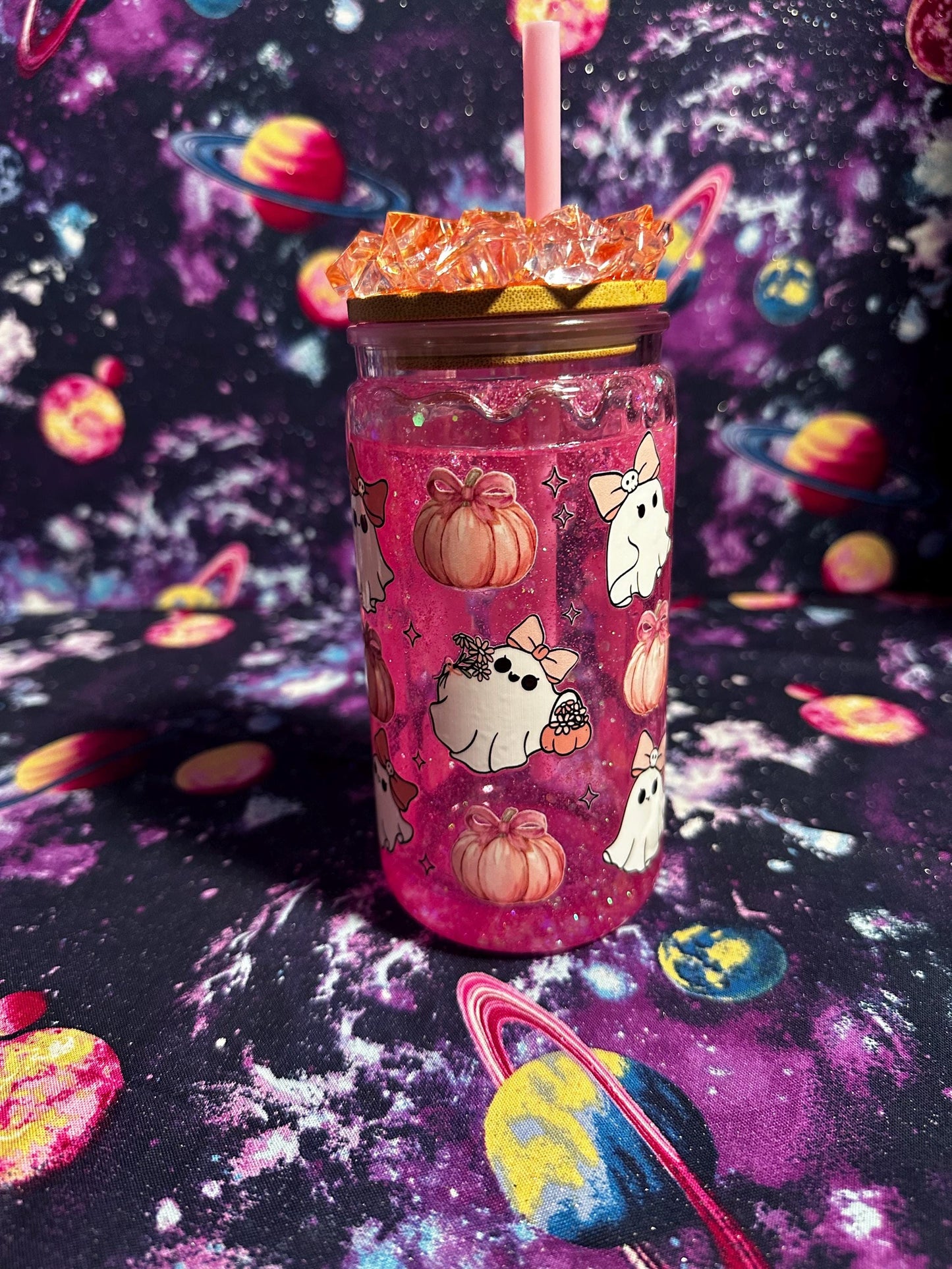 Pink Ghost and Pumpkin Cup | Pastel Halloween Snowglobe Tumbler | Spooky Cute Girly Cup | Handmade by Dye & Design