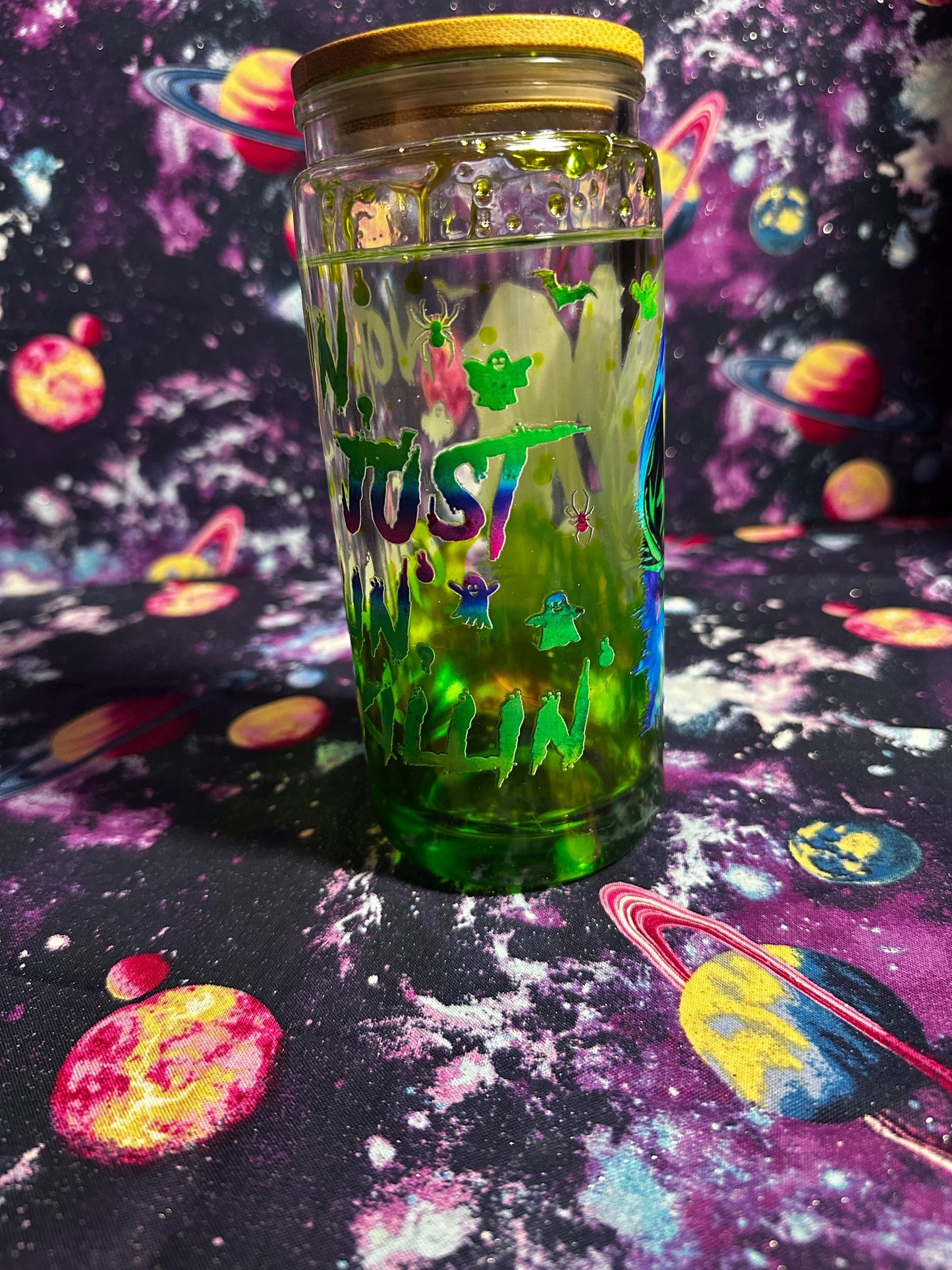 Ghostface Just Chillin and Killin Cup | Horror Movie Snowglobe Tumbler | Neon Green Glitter Cup | Handmade