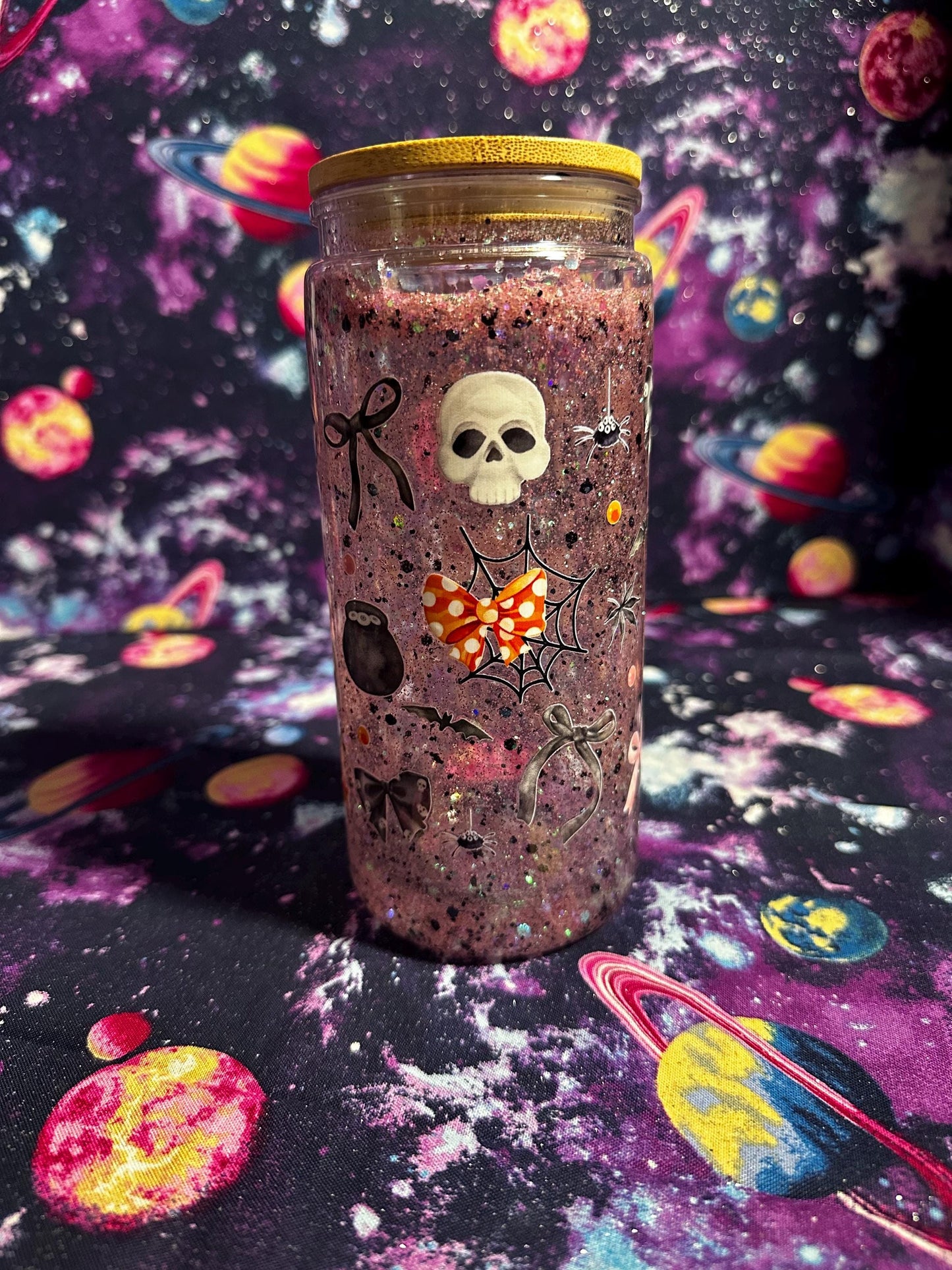 Skull and Bow Glitter Cup | Spooky Cute Snowglobe Tumbler | Gothic Glam Halloween Cup | Handmade by Dye & Design