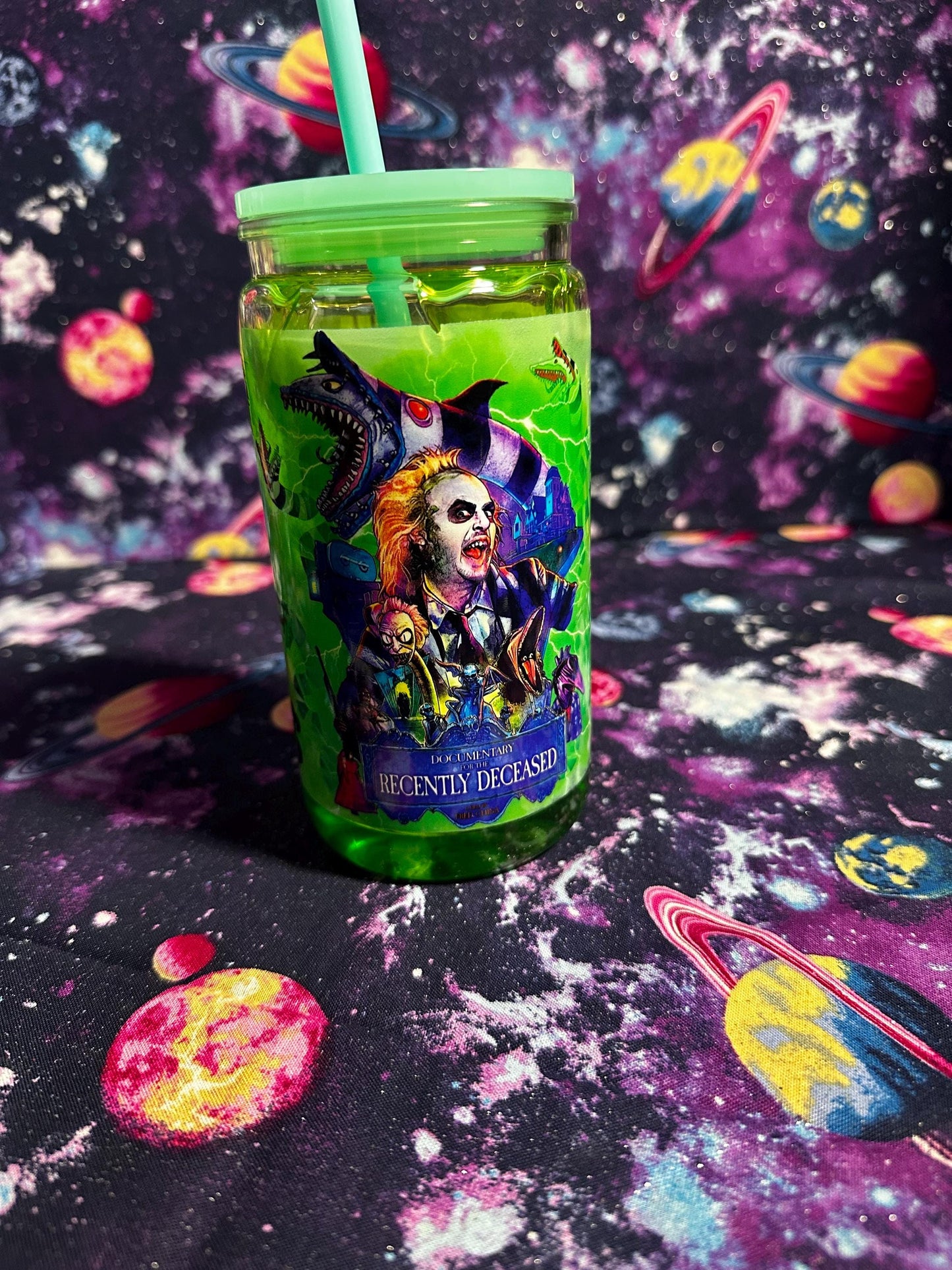 Beetlejuice It’s Showtime Cup | Tim Burton Inspired Snowglobe Tumbler | Slime Green Glitter | Handmade Halloween Cup