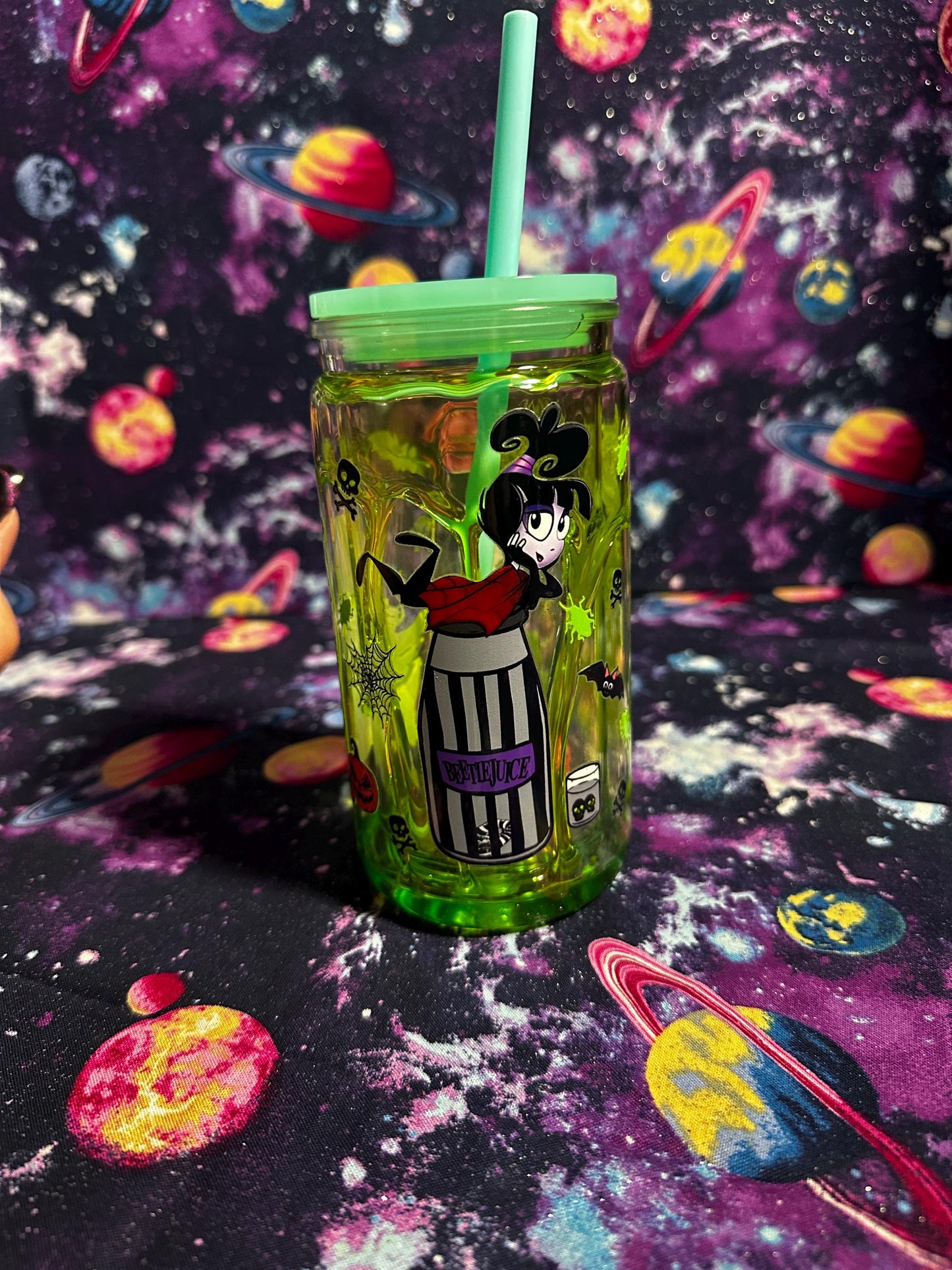 Beetlejuice 100% Juice | Tim Burton Inspired Snowglobe Tumbler | Slime Green Glitter | Handmade Halloween Cup