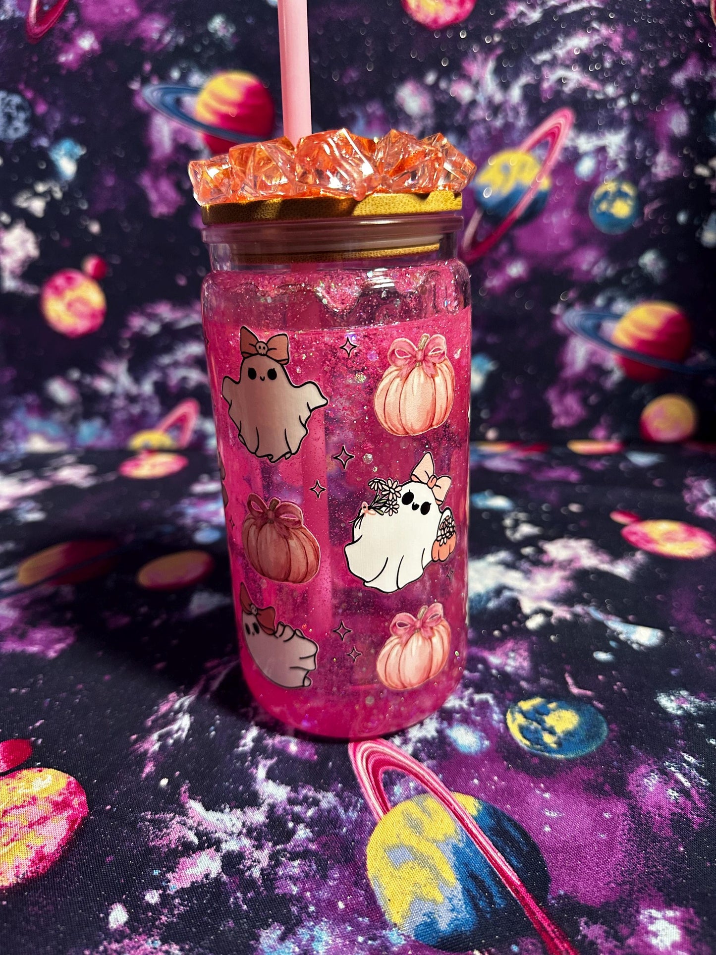 Pink Ghost and Pumpkin Cup | Pastel Halloween Snowglobe Tumbler | Spooky Cute Girly Cup | Handmade by Dye & Design