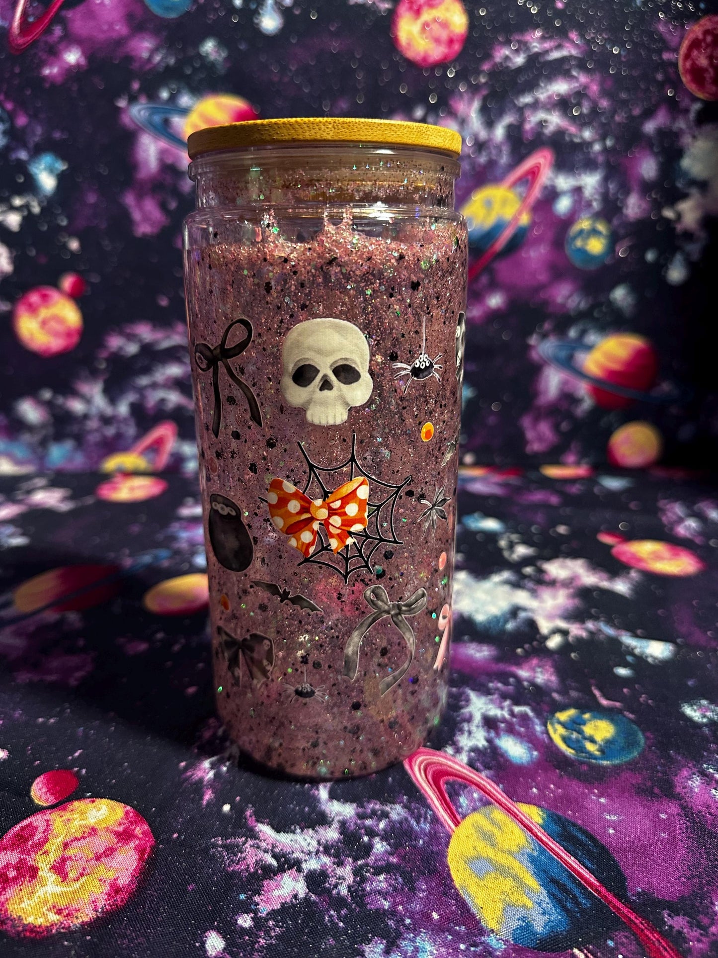 Skull and Bow Glitter Cup | Spooky Cute Snowglobe Tumbler | Gothic Glam Halloween Cup | Handmade by Dye & Design