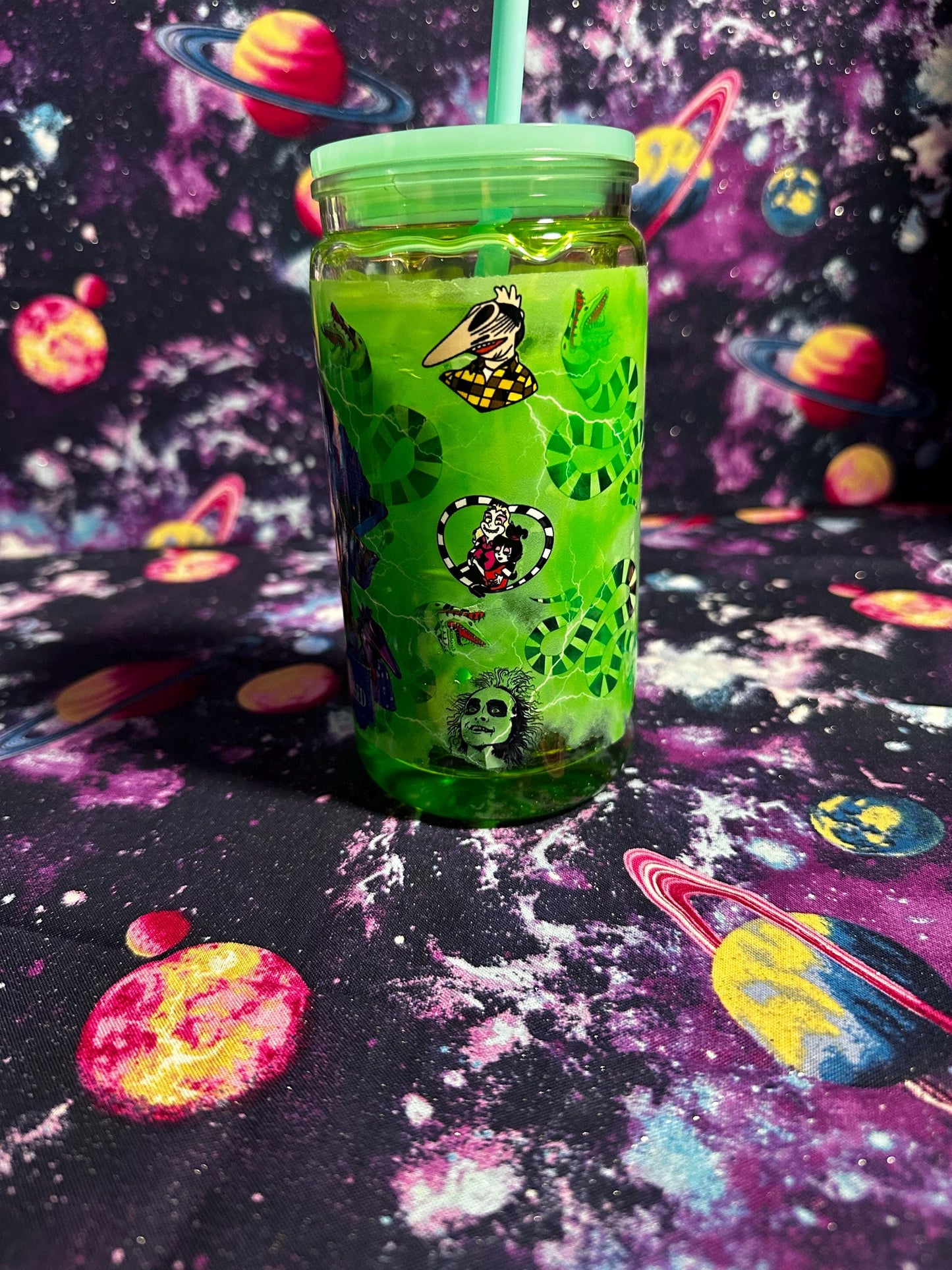 Beetlejuice It’s Showtime Cup | Tim Burton Inspired Snowglobe Tumbler | Slime Green Glitter | Handmade Halloween Cup