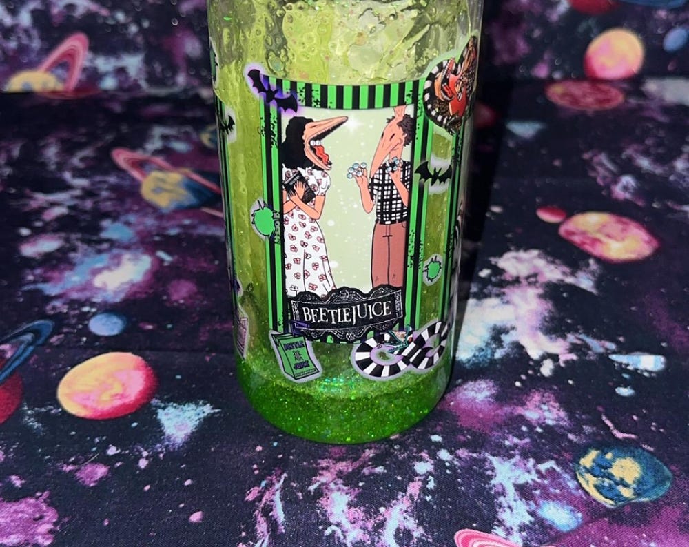 Beetlejuice | Tim Burton Inspired Snowglobe Tumbler | Slime Green Glitter | Handmade Halloween Cup