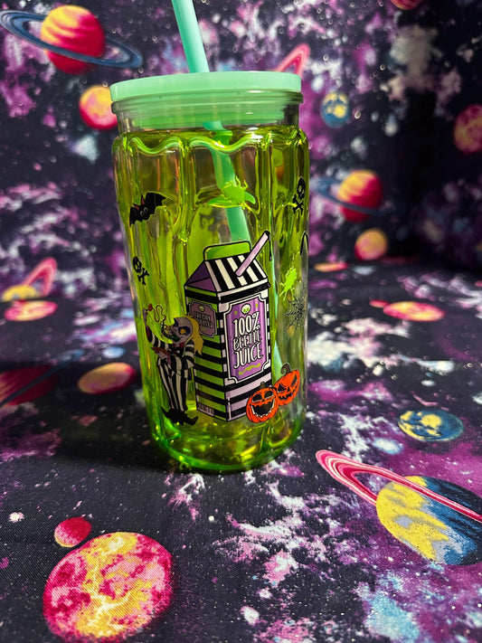 Beetlejuice 100% Juice | Tim Burton Inspired Snowglobe Tumbler | Slime Green Glitter | Handmade Halloween Cup