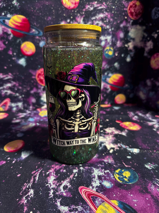 Witch Way to the Wine Tumbler | Witchy Snowglobe Cup | Halloween Gift | Spooky Cute Glitter Cup | Dye & Design