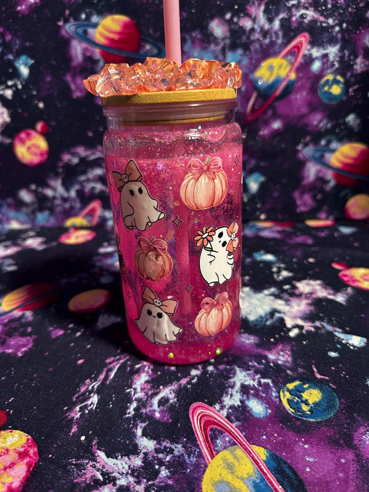 Pink Ghost and Pumpkin Cup | Pastel Halloween Snowglobe Tumbler | Spooky Cute Girly Cup | Handmade by Dye & Design