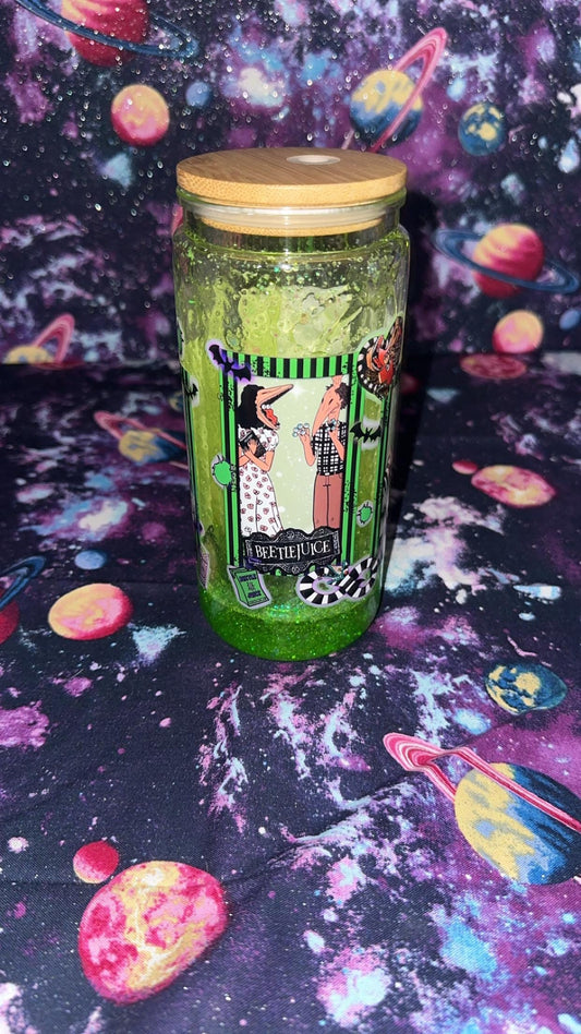 Beetlejuice | Tim Burton Inspired Snowglobe Tumbler | Slime Green Glitter | Handmade Halloween Cup