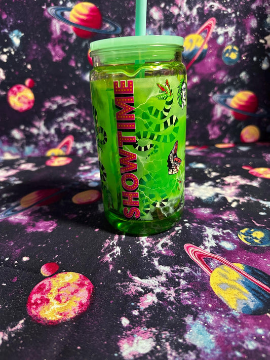 Beetlejuice It’s Showtime Cup | Tim Burton Inspired Snowglobe Tumbler | Slime Green Glitter | Handmade Halloween Cup