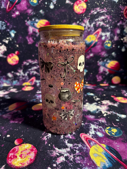 Skull and Bow Glitter Cup | Spooky Cute Snowglobe Tumbler | Gothic Glam Halloween Cup | Handmade by Dye & Design