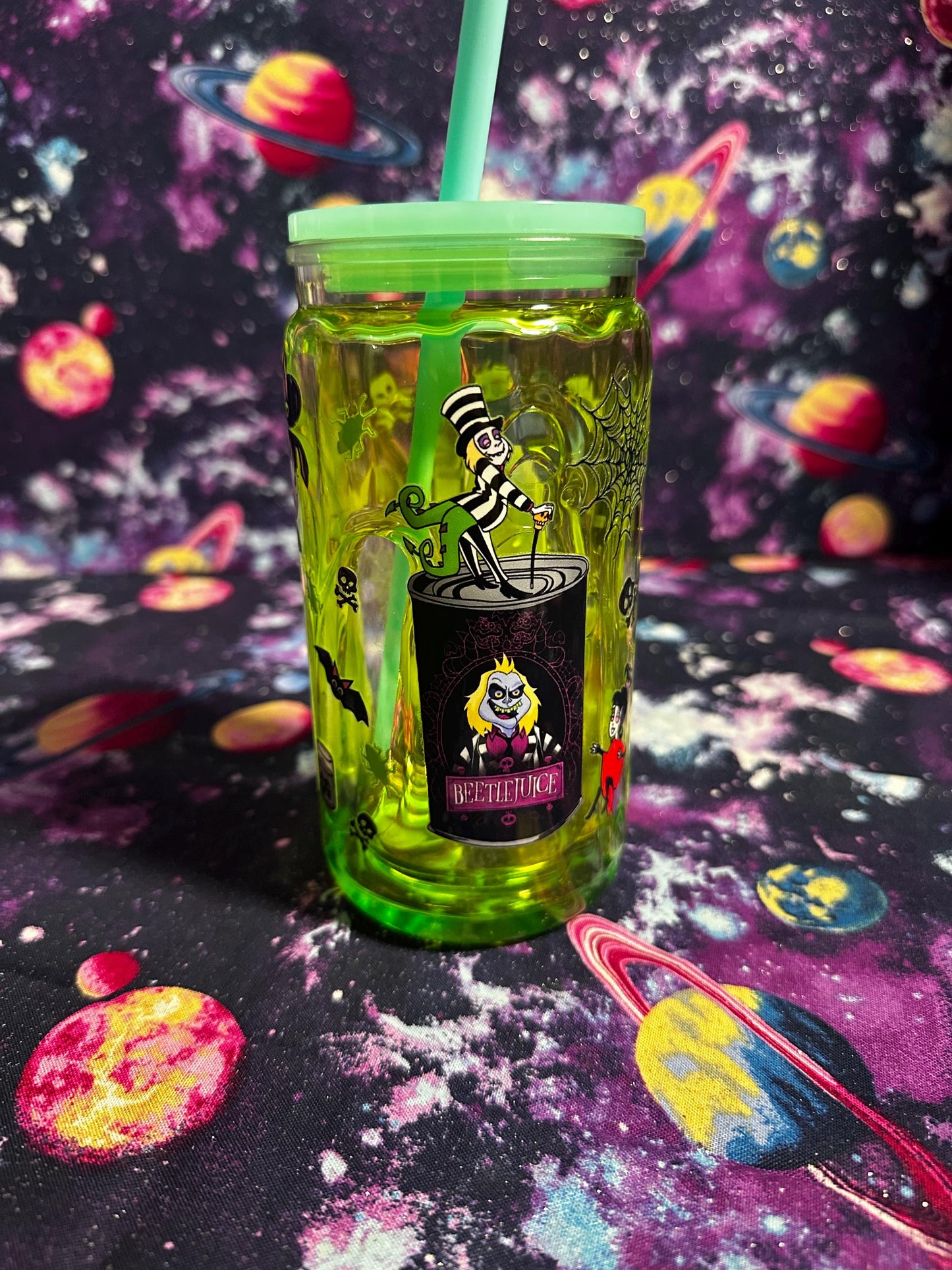 Beetlejuice 100% Juice | Tim Burton Inspired Snowglobe Tumbler | Slime Green Glitter | Handmade Halloween Cup