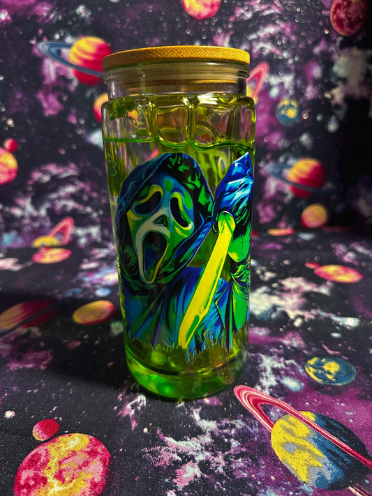 Ghostface Just Chillin and Killin Cup | Horror Movie Snowglobe Tumbler | Neon Green Glitter Cup | Handmade
