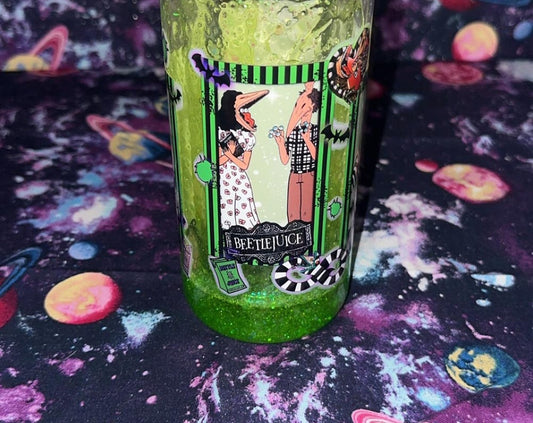 Beetlejuice | Tim Burton Inspired Snowglobe Tumbler | Slime Green Glitter | Handmade Halloween Cup